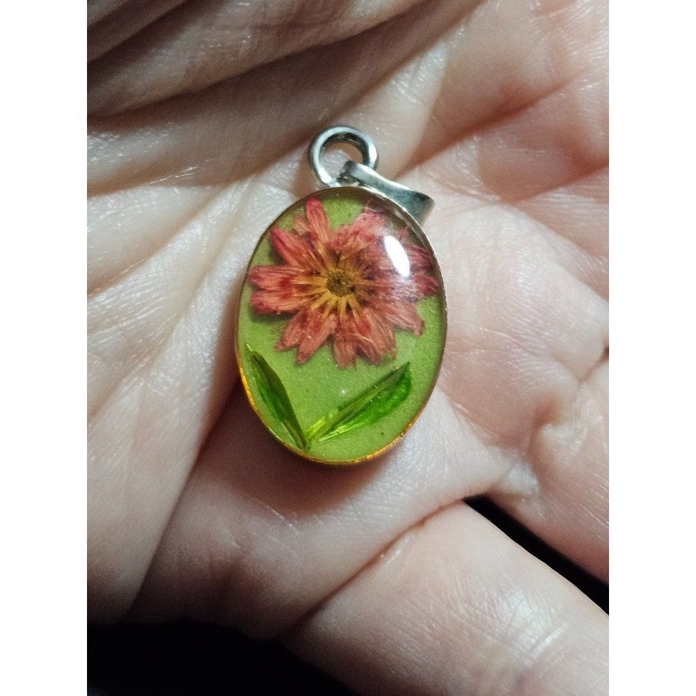 Vintage silver tone resin pressed flower pendant